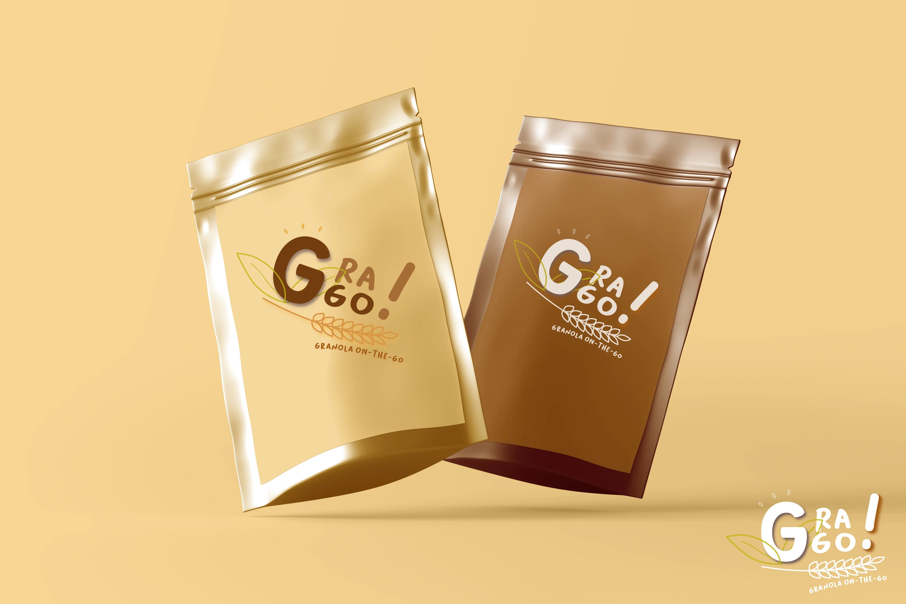 Mockup packaging GraGo!, marque fictive de granola à emporter