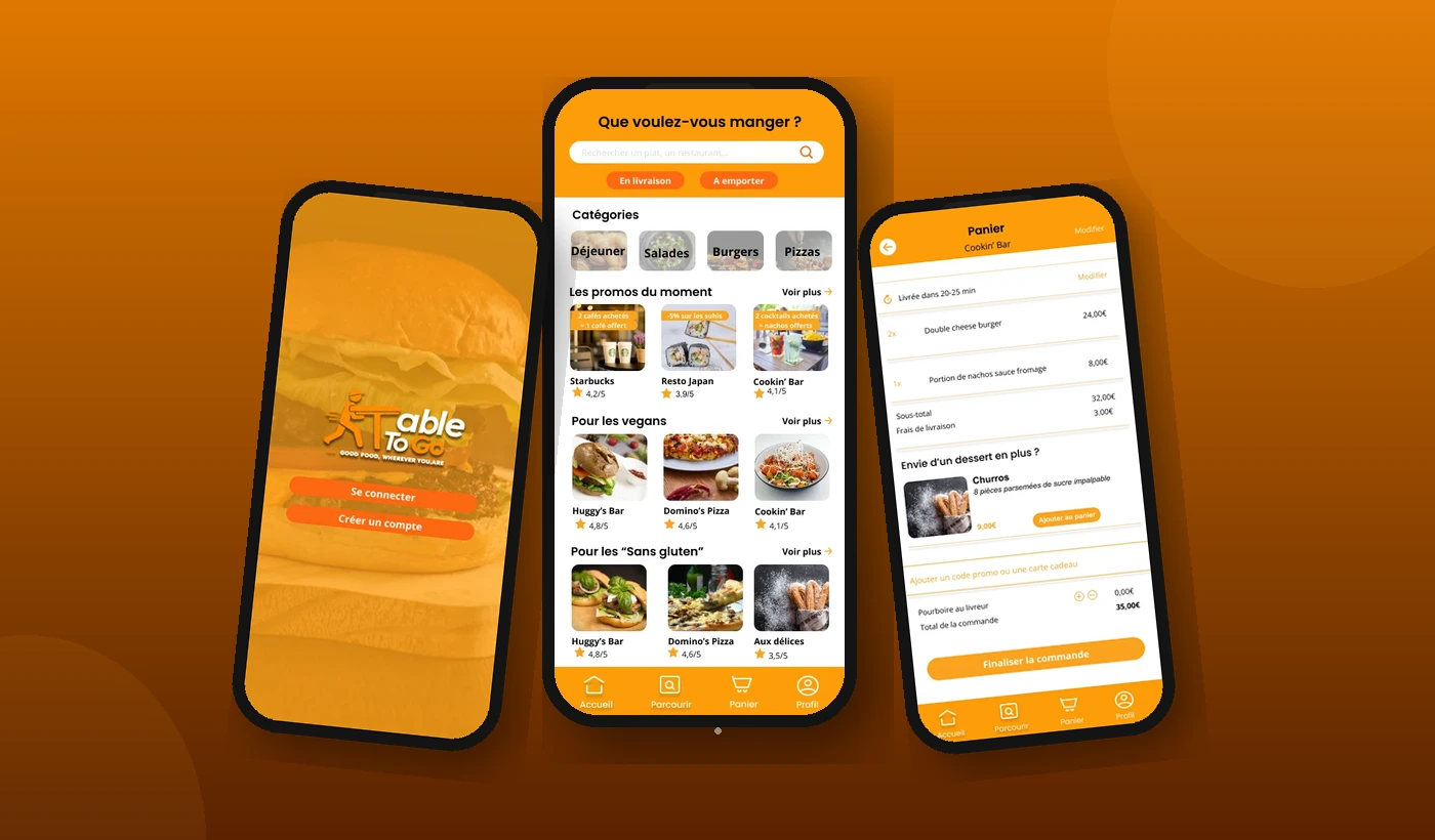 Trois écrans de l'application mobile TableToGo sur iPhone, food delivery UI/UX
