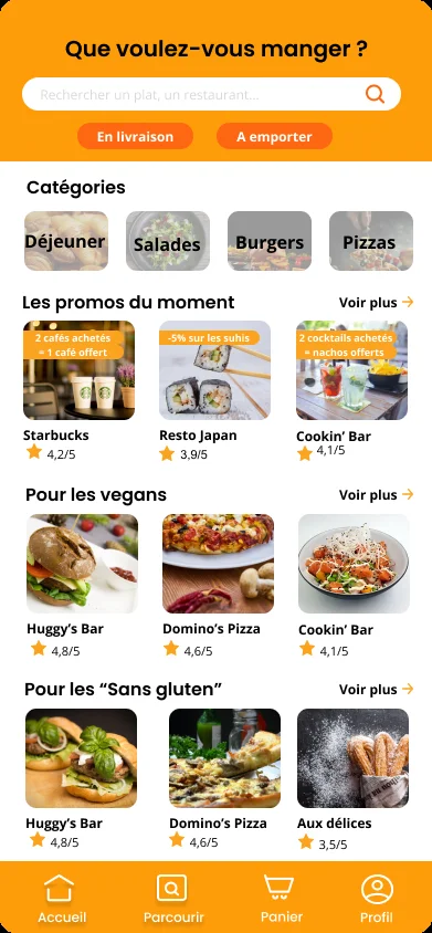 Écran d'accueil avec catégories, promos et sections vegans / sans gluten