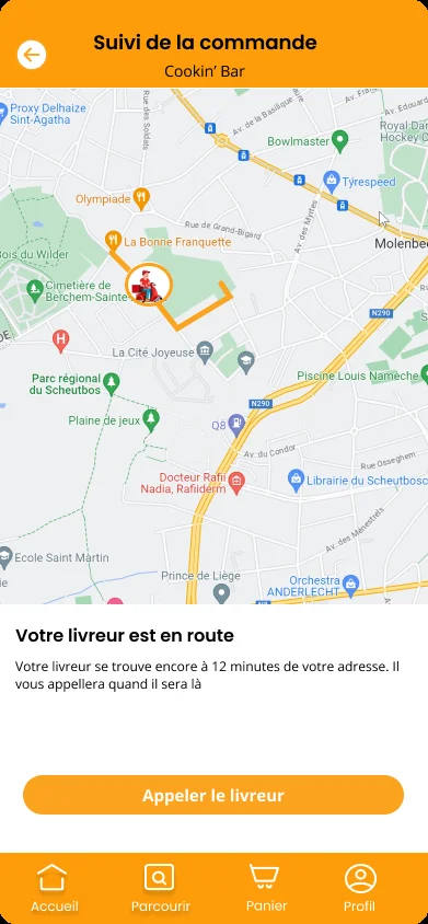 Écran de suivi GPS avec carte et message Votre livreur est en route