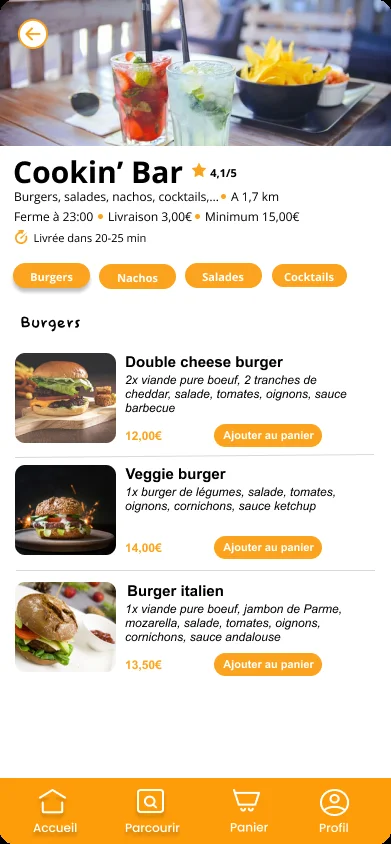 Menu du restaurant Cookin' Bar avec liste de burgers et boutons Ajouter au panier