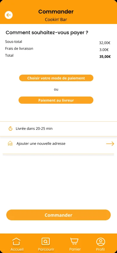 Écran de paiement avec choix entre paiement en ligne et paiement au livreur
