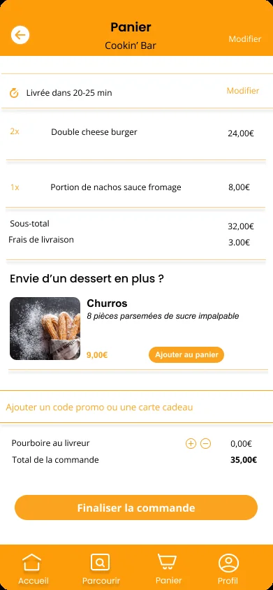 Écran du panier avec récapitulatif, suggestion de dessert et total de commande