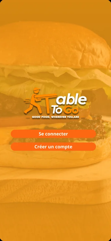 Écran de connexion TableToGo avec logo et boutons Se connecter / Créer un compte